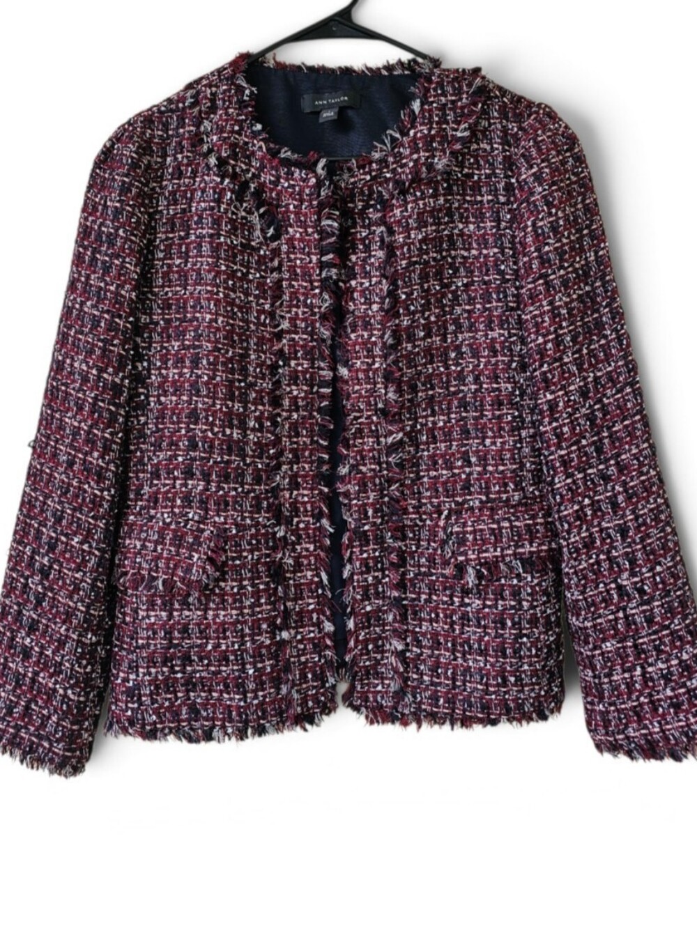 Ann Taylor Tweed Blazer Raw Edge Red & Navy Size 0